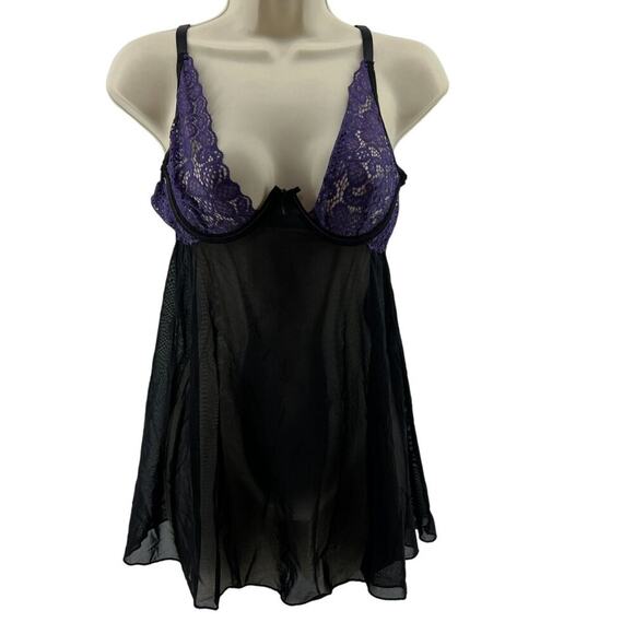 Babydoll Lingerie Set Sheer Black Purple Lace Matching G String Panty Medium - Picture 4 of 5